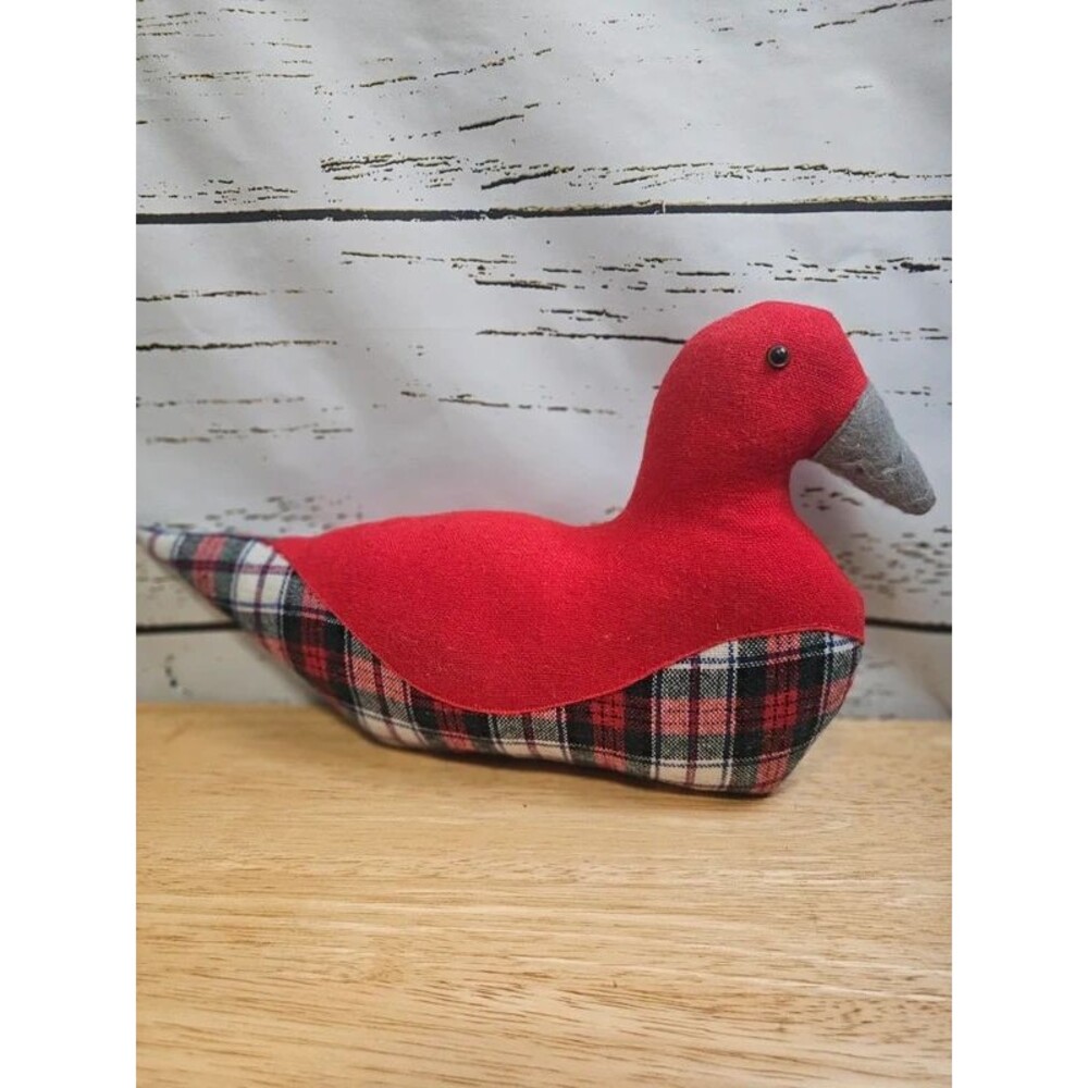 Vintage Folk Art Fabric Bird Red Plaid Tartan Primitive Country Decor